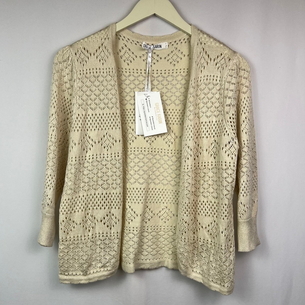 Grace Karin Cream Open Knit Cardigan Womens Medium Lightweight Boho Lace Crochet